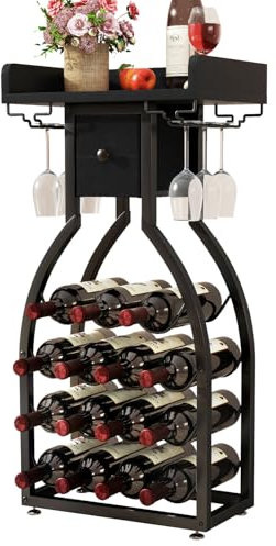 IBUYKE Portabottiglie da Terra per 15 bottiglie,Porta Vino con Porta Calici e Cassetti,Organizzatore da Bar per Bottiglie di Vino,Cantina Vino per Cucina,Sala da Pranzo, Bar,Nero,TMJ908B