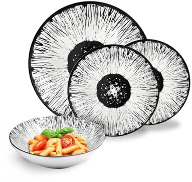 Avilia – Juego de platos modernos de 18 piezas de porcelana con decoración corolla negra, servicio elegante para 6 personas