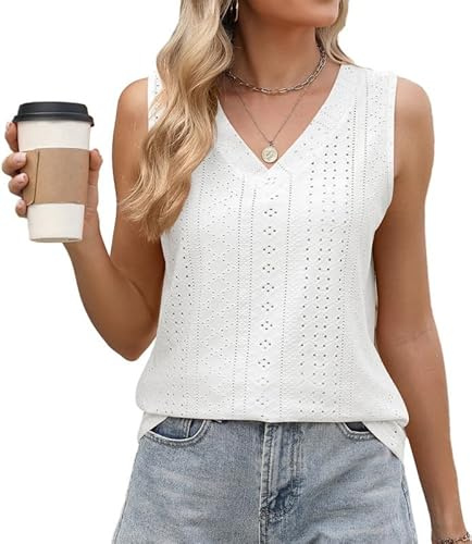 Sukiglam Canotta Donna Elegante Senza Maniche Scollo a V Canottiera Estiva Tank Tops Ricamo a Occhielli Camicette Casual vestibilità Larga Maglietta Sexy Moda Blusa Shirt