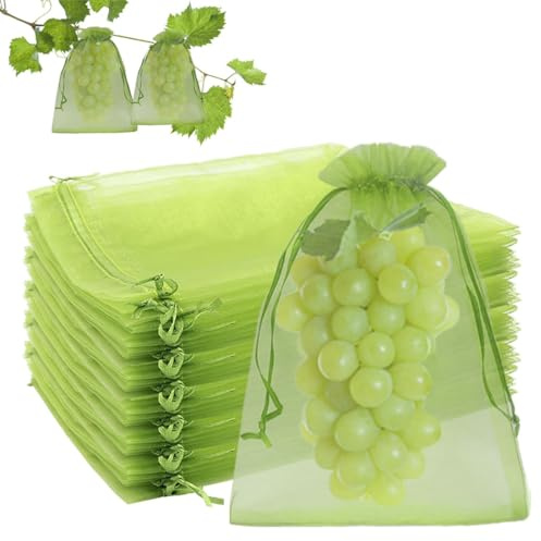KEWUF 50 Pièces Sac Protection Fruits, 20x30cm, Réutilisable, Organza, Vert, Cordon de Serrage, Respirant, Protège des Insectes et Oiseaux