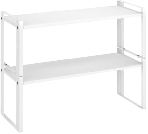 Astrorhine 2 Pack Expandable Cabinet Organizer Shelves, 88lbs High Weight Capacity, Stackable Heavy-Duty Metal Storage Rack, Adjustable Cabinet Shelf for Kitchen, Pantry, Cupboard, Under Sink, White