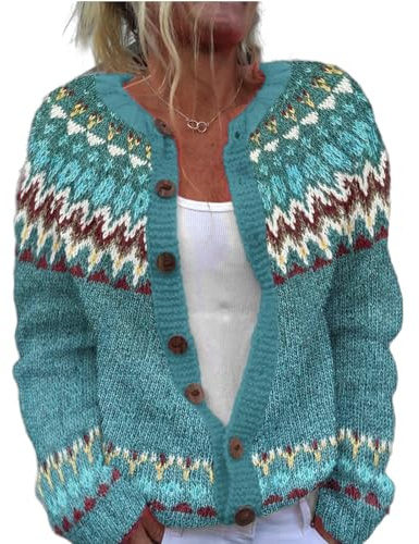 Vintage Fair Isle Cardigan Sweater Icelandic Nordic Boho Style with Colorful Knit Design Button-Down Coatigan for Women (Blue-A,X-Large)