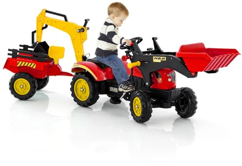 COSTWAY Trettraktor, Kinder Traktor mit Abnehmbarer Anhänger & Grabschaufel, Kindertraktor bis 35 kg belastbar, Sitzbagger für Kinder ab 3 Jahren (Rot)
