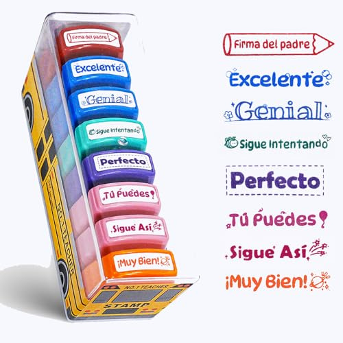 Transforme la corrección en una experiencia positiva. Este set incluye 8 sellos de tinta automática con frases esenciales en español: ¡Muy bien!, Firma del padr