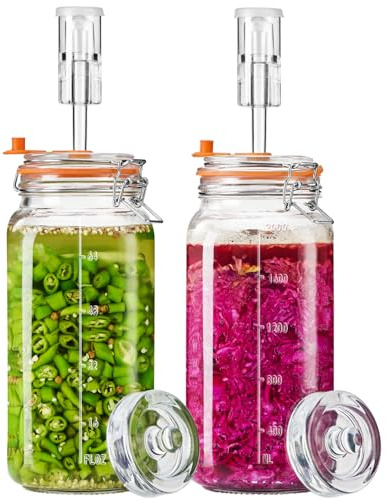 Glolaurge Fermentiergläser, je 2 L, Glas-Fermentierset mit Airlock und Gewichten für Sauerkraut, Kimchi, Pickles, Met, Cider & mehr, 2er-Set