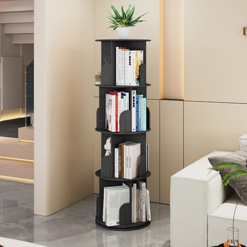 Huisenitre 360°Rotating Bookshelf,4 Tier Corner Bookcase,Book Shelf,Floor Storage Wood Organizer for Sturdy,Home Office,Living Room,Bedroom,Kids Room