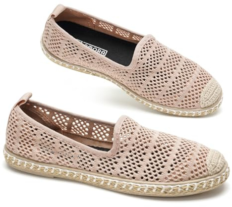 GLAMORA Alpargatas Mujer Caladas Slip On Punto Transpirable Zapato Plano Ligero Flexible Suela Goma Efecto Esparto Crochet Puntera Cerrada Comodo Verano Sin Cordones