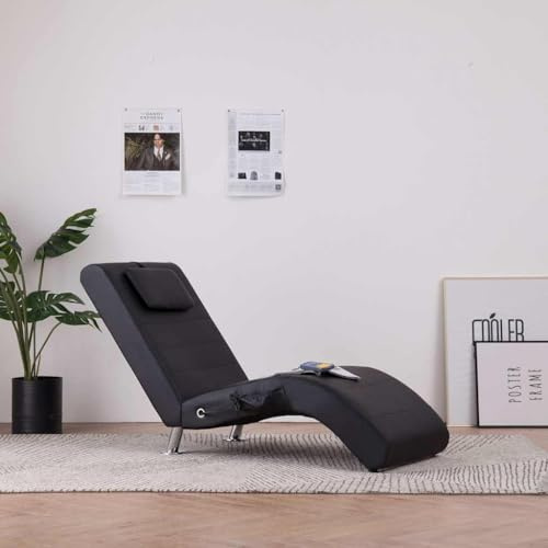 Augerlite massage-schäslong med kudde, svart, konstläder, ergonomisk relaxstol med värmefunktion och 5 massagelägen, galvaniserade stålben, 144 x 59 x 79 cm, perfekt för vardagsrum, kontor, gästrum