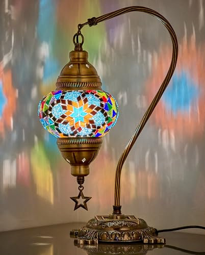 DEMMEX Authentic Turkish Lamp, Made in Turkey, Turkish Moroccan Tiffany Style Mosaic Table Bedside Lamp, Lampshade, 100% Handcrafted, Antique Brass Color Metal Body & Base, 15 (Blue & Multicolor)