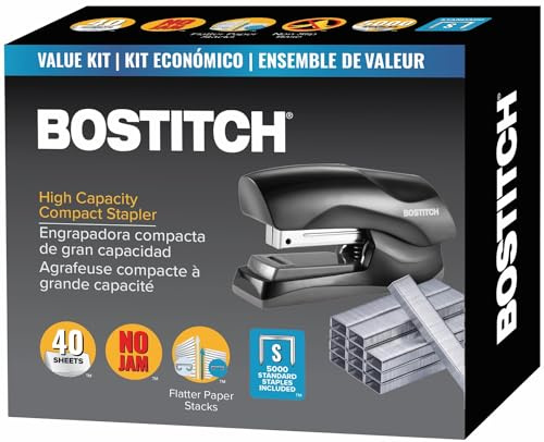 Bostitch Grapadora con grapas, grapadora de pie resistente, negra, capacidad de 40 hojas con 5000 grapas, tamaño pequeño, cabe en la palma de tu mano (B175-BLK -VP)