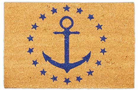 Relaxdays Fußmatte Kokos, Türvorleger Anker & Sterne, 40 x 60 cm, rutschfest, Kokosfußmatte innen & außen, Natur/blau