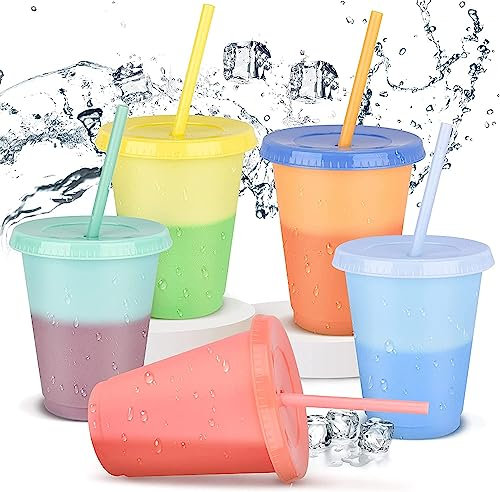 16oz Farbwechsel Becher Plastikbecher- 5 Stück Kalter Eiskaffee Trinkbecher BPA-frei Mehrweg mit Deckel & Strohhalm, Erwachsene Kinder Partybecher Tasse Cup Travel Mug