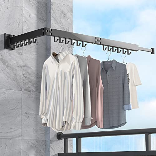 BHeadCat Wandmontierter Kleiderständer 120cm, Wäscheständer Versenkbar, Zusammenklappbar Wäscheständer mit 18 Haken und Handtuchhalter für Balkon, Wäsche, Badezimmer, Schlafzimmer
