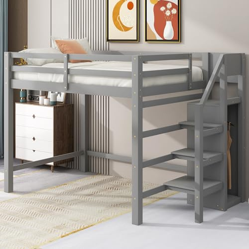Bellemave Full Size Loft Bed with Stairs and Built-in Storage Wardrobe, Wood Loft Bed Frame with Storage Shelves and Hanging Rod Gray Loft Beds for Kids Boys Girls Adults Teens Dorm Bedroom