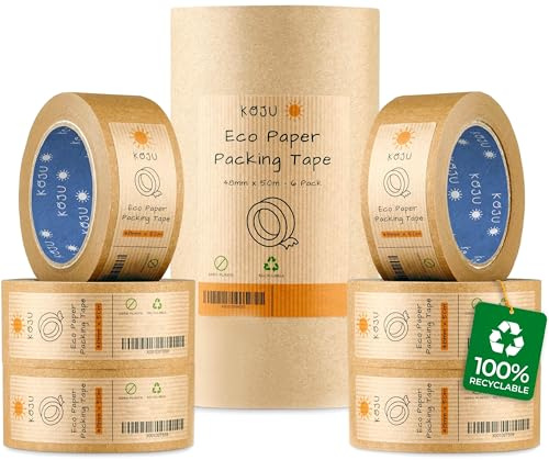 Koju Kraft Paper Packing Tape 48mm x 50m | 6 pack | Eco Friendly & Recyclable Brown Paper Tape for Parcel Packing & Picture Framing