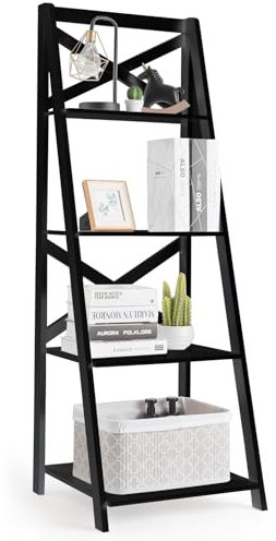 SFAREST 4-Tier Tall Ladder Shelf, Freestanding Plant Flower Stand and Bookcase Shelving Unit Rack, Leaning Wooden Storage Display Bookshelf for Living Room, Bedroom and Garden (Black)