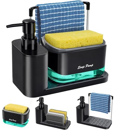 Set di dispenser di sapone da cucina con vassoio e porta spugna, dispenser per piatti e sapone per le mani con supporto per strofinacci, organizer 5 in 1 per lavello da cucina, pratico gadget da