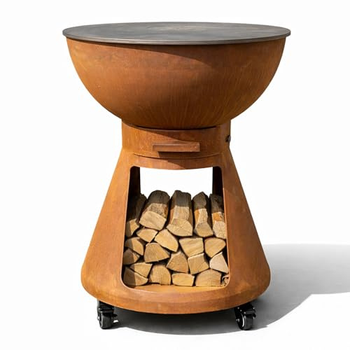 Tempo Style – Barbacoa de leña Yucatán – Barbacoa redonda de acero corto de carbón para exterior y jardín, parrilla de cocción de acero inoxidable 316 sp.1 cm, portátil con ruedas, diseño de 2ª