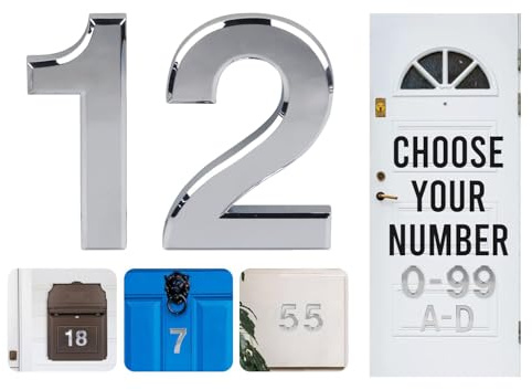 Silver Door Numbers Stick On, 0-99, Letters A, B, C, D, 3'' House Numbers Self Adhesive Stickers, For Doors, Mail Boxes, Hotel Rooms (12)