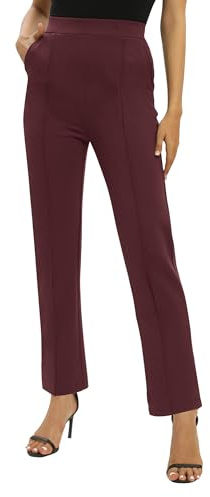 EXCHIC Donne Ufficio Casual Elastico Alta Vita Gamba Dritta Pantaloni con Tasche(XL, Vino Rosso)
