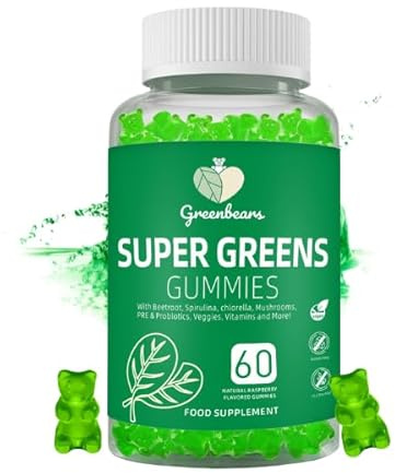 Super Greens Gummies – Daily Greens Supplement with Spirulina, Chlorella, Wheatgrass & Probiotics – Natural Energy, Immune & Digestive Support – Vegan, Non-GMO, 60 Gummies