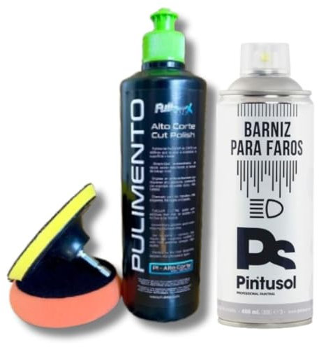 AutoFullCar - Kit De Polímero Líquido para Pulido De Faros - Pulimento Alto Corte FullCarX (500 ml.) - Adaptador Taladro + Boina (100mm.) - Barniz Acabado Brillo Pintusol Específico para Faros 400ml.