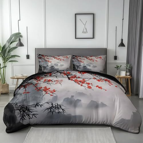 Funda Nórdica Oriental Estilo Chino Pintura En Tinta Tema, Reversible Juego De Cama De Transpirable Microfibra 240 x 260 cm y 2 Fundas para (1), Microfibra Ropa de Cama de Verano Marrón