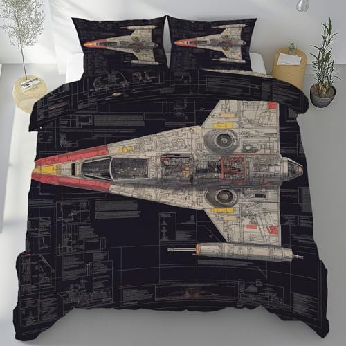 Meugesoi Science-Fiction Raumschiff Bettbezug 135x200 cm 3-Teilig Star Wars Bettwäsche Mikrofaser Weich Atmungsaktiv, Bettwäsche Set mit 2 Kissenbezüge 80x80 cm mit Reißverschluss