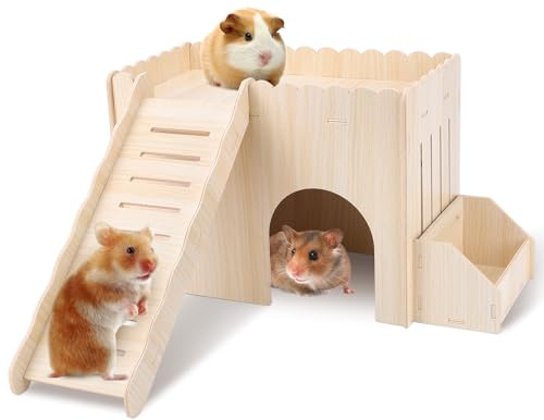 Wooden Guinea Pig Hideout House with Feeding Basin & Stairs - Multi-Level Castle for Rabbits, Hamsters, Hedgehogs - Large 34x19x25cm Natural Wood Shelter