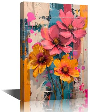 Rebotipy Canvas Wall Art for Living Room Graffiti Floral Screen Print Wall Art Poster Vibrant Textured Mixed Media Painting Office Bathroom Decor Framed Ready to Hang 24 Wx 36 H