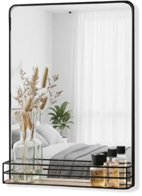 Avilia - Specchio da Parete 40x30x5cm Moderno con Cornice Nera e Ripiano in Legno - Specchio da Bagno con Mensola Portaoggetti Integrata - Design Elegante per Ingresso, Camera e Corridoio