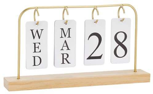 NBEADS Wooden Perpetual Calendar for Desk, Metal Wood Month Date Display Desktop Calendar Holder Rack for Classroom Farmhouse Office Decor Desk Accessories, Golden, 24x3.8x12.7cm