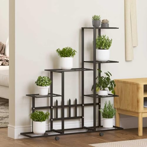 Runheo Support à fleurs sur roulettes en métal noir 94,5 x 25 x 92,5 cm Étagère à plantes avec quatre roulettes pour jardin, balcon, terrasse, salon, étagère pratique et colonne de plantes mobile