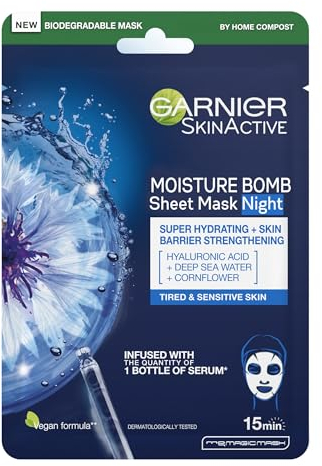 Garnier Moisture Bomb Night-Time Deep Sea Water and Hyaluronic Acid Sheet Face Mask, Hydrating & Replenishing Sleep Mask, Cruelty Free & Vegan Tissue Mask, 28g
