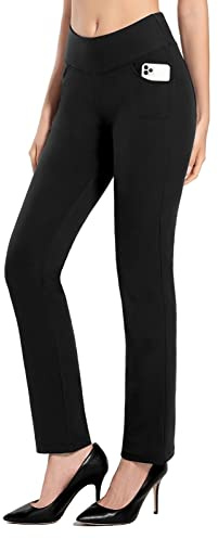 MOVE BEYOND Pantalon de Yoga à Jambe Droite pour Femmes Buttery Soft avec 4 Poches Pantalon de Travail de Entraînement pour Le Contrôle du Ventre, Noir, M