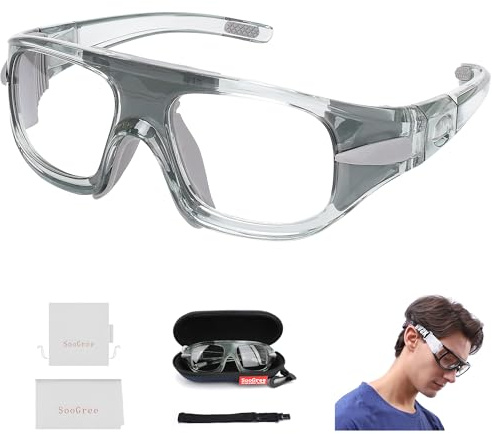 SooGree Sports Glasses, Basketball Football Soccer Racketball Goggles for Men & Women, Anti-Fog Safety Protective Eyewear （Grey frame Grey pads
