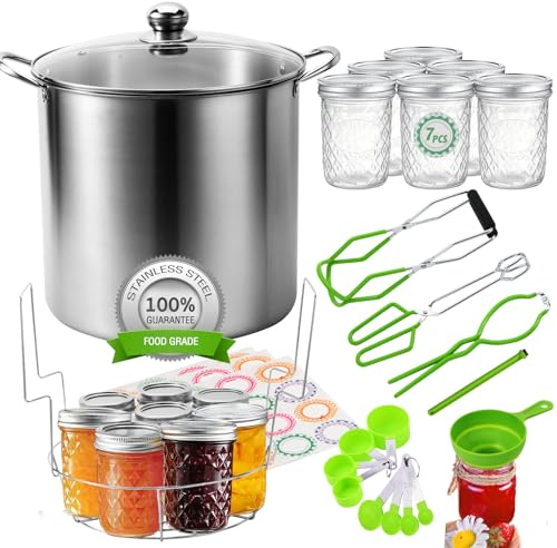 UONMAY 20 Quart Stainless Steel Canning Pot with Rack, 7 Pack 16oz Mason Jars, Complete Canning Kit, Silver, Has Lid