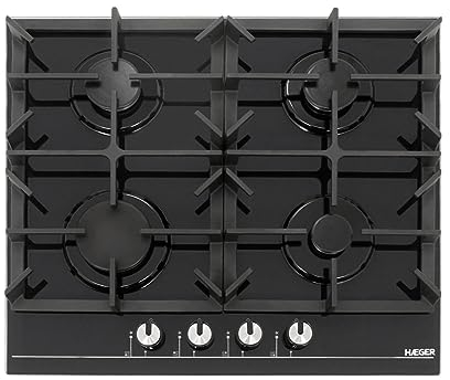 HAEGER Placa de Gas Empotada, 60 cm, 4 Boquillas, Vidrio Negro Templado