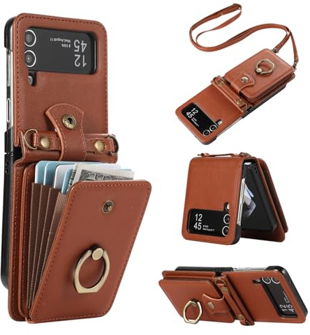 Asuwish Phone Case for Samsung Galaxy Z Flip 3 5G 2021 Wallet Cell Cover with and Crossbody Strap Ring Stand RFID Credit Slot Card Holder Leather Flip ZFlip3 Z3 Flip3 3Z Women Men Girls Brown