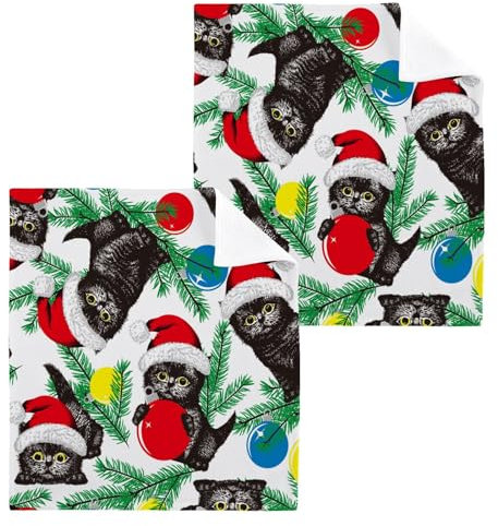Doterii Waschlappen, Weihnachten, schwarz, Kätzchen, Katze mit Weihnachtsmannmütze, Waschlappen, 2 Stück, kleine Baumwoll-Waschtücher für Küche und Badezimmer