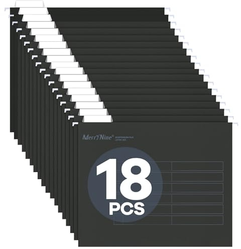 Merrynine Hanging File Folders Letter Size 18pcs, Paper Filing Cabinet Folders Organizer with 1/5-Cut Tabs and Inserts, Suspension File Organizers for Office School Home Hospital, Black