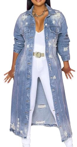 Agiyenna Femme Veste en Jean Longue Élégante Manteau en Jean Denim Simple Boutonnage Déchiré Vintage Veste de Transition Veste décontractée avec Boutons