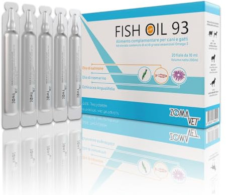 ZOMAVET Olio di Salmone per Cani e Gatti ricco di Omega 3, Integratore Naturale per Articolazioni Sane, Pelle e Pelo Brillante - Dosaggio Specifico per Pet oltre i 10kg - 20 Fiale da 10ml