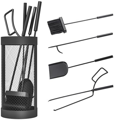 Outsunny Set di posate per caminetto 5 pezzi accessori per caminetto con scopa, pala, pinze, attizzatoio e cesto, set per caminetto, metallo, nero