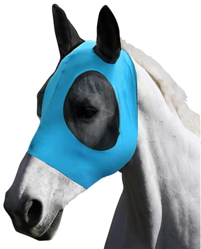 QKEPCY Maschera Antimosche per Cavallo Maschera Mosche Cavallo Rete Morbida con Paraorecchie Elasticità Maschera da Mosca per Cavallo con Protezione UV Anti Mosca Zanzare Insetti（Blu）