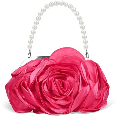 HuiYStar Donna Borsa da Sera in Raso con Fiori 3D, Borsa a Tracolla con Tracolla a Catena, Rosa, 9.8 Pollici