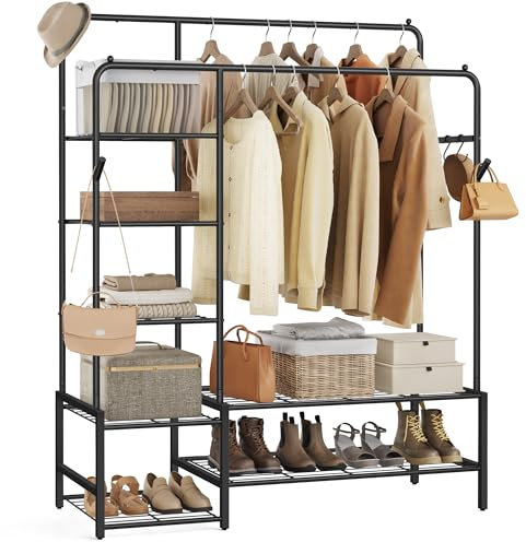 SONGMICS Kleiderständer, offener Kleiderschrank, Garderobenständer mit 7 Ablagen, Metallrahmen, Kleiderstange, für Schlafzimmer, Wohnzimmer, Eingangsbereich, schwarz HSR182B01