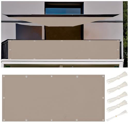 Balkon Sichtschutz 50x200cm Balkonabdeckung Wetterfest, Sonnensegel 0.5x2M Wasserdicht Rechteckig Sonnensegel Balkon Ohne Bohren Segeltuch mit Ösen und Kordel für Garten Terrasse, Braun