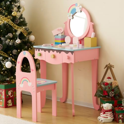 LEADZM Coiffeuse pour Enfants avec Miroir à Trois Volets, Coiffeuse Fille avecTabouret avec 7 Pretend Play Makeup Toys (Rose)
