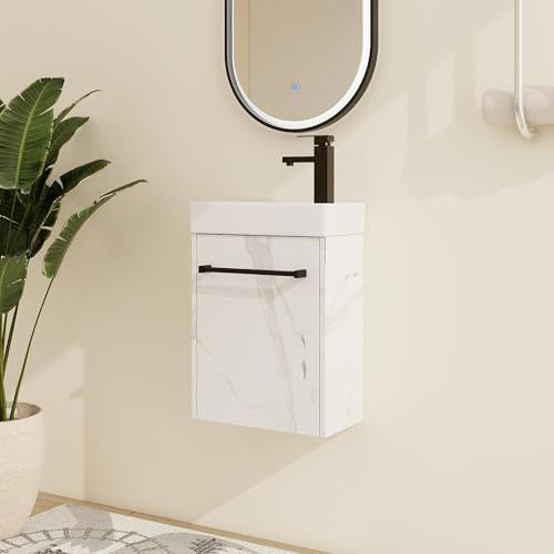 Malwee 16 Floating Bathroom Vanity with Sink, 16 inch Modern White Wall Mounted Bathroom Cabinet Combo for Small Space, Narrow Bath Wall-Hung Vanity Set with 1 Ceramic Basin and 1 Door(16cw)